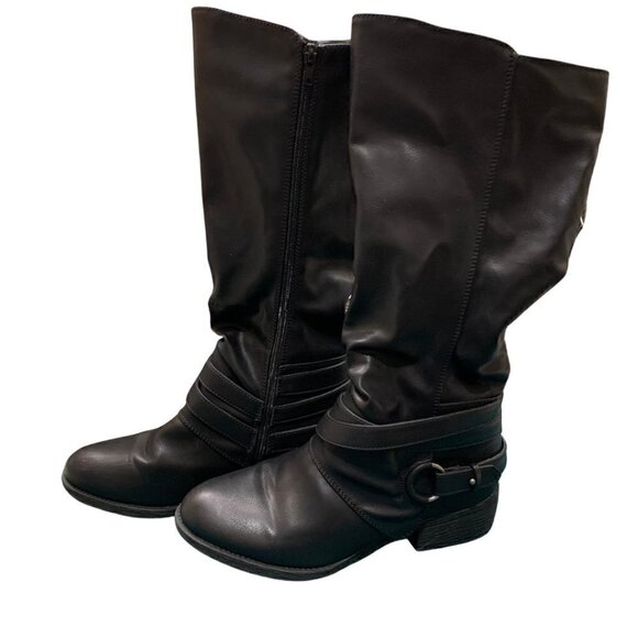 Sugar Dabble Knee High Wide Calf Faux Leather Black Boots Straps/Buckles. Size9M - Picture 1 of 6
